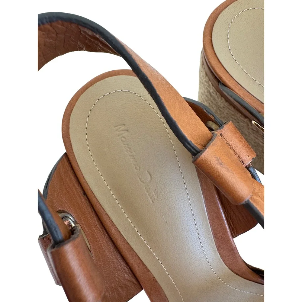 Massimo Dutti Leather Espadrille Wedge Sandals Women 6.5 Tan Coastal Resort